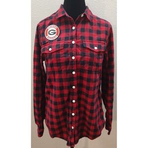 Georgia Bulldogs Women's Medium Black Red Plaid Flannel Button Down  B5